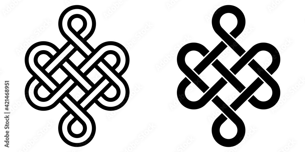 Mystical knot of longevity and health, Feng Shui luck sign, vector infinity knot, tattoo of the symbol health of occultism and witchcraft - obrazy, fototapety, plakaty 