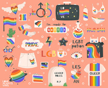 Cute Pride Symbols. Hand Drawn Lgbtq Pride Rainbow, Peace Sign And Flag, Pride Month Symbols And Lettering. Lgbtq Elements Vector Illustration Set