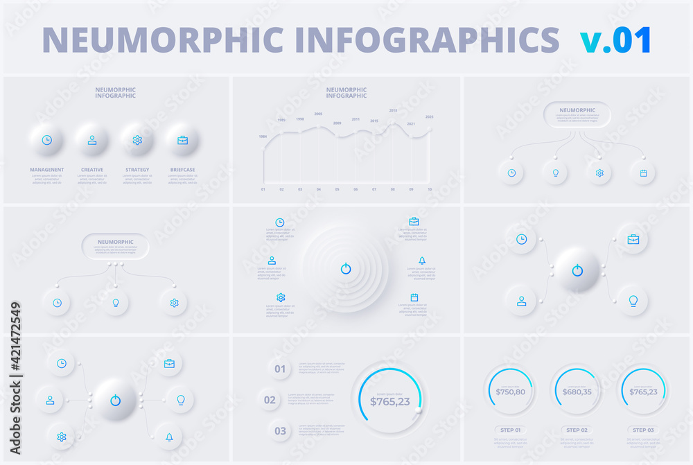 Set with neumorphic infographic design templates. Modern neumorphism ...