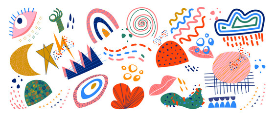 Abstract art background vector. Creative Hand drawn various shapes and doodle object elements for kids and school cover, abstract wall art for home decor,earth tone wallpaper,prints and pattern design