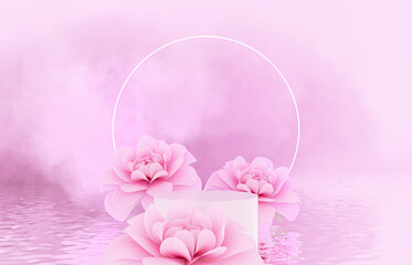 Poster - Natural beauty podium backdrop for product display with Spring flower. 3d rendering.