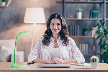 Wall Mural - Photo of nice optimistic brunette curly hairdo lady wear white shirt work at home alone