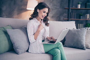 Poster - Profile photo of nice optimistic brunette curly hairdo lady wear white shirt write laptop alone at home