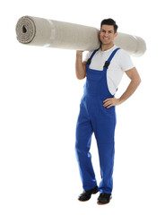 Sticker - Male worker with rolled carpet on white background