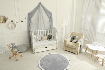 Poster - Cozy baby room interior with crib and toys