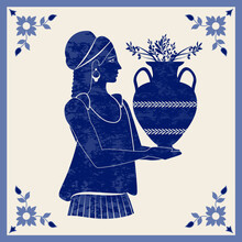Illustrated Ceramic Tile. Ancient Greece Girl Carrying An Amphora With Olive Branches