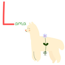 Educational Cartoon Vector Illustration Hand Drawn English Letter L. Alphabet With Lama. Animal Character For Children Design.