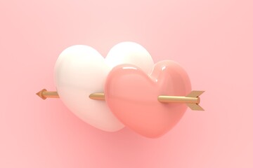 Poster - Two hearts and an arrow on a pink background. 3d rendering
