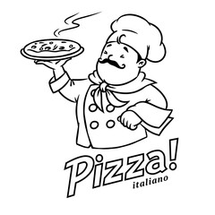 Canvas Print - Funny italian chef with pizza. Emblem design