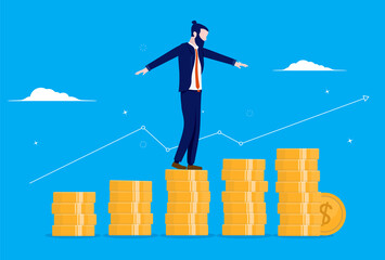 Aufkleber - Businessman balancing on stack of money with rising graph in background. Business growth and profits concept. Vector illustration.