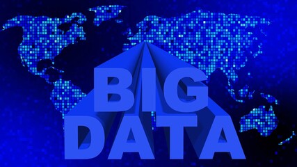 Poster - BIG DATA lettering in blue design - letters in front of a world map over mosaic background - cloud computing and data storage concept - 3D Illustration