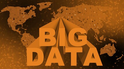 Poster - BIG DATA lettering in orange design - letters in front of a world map over mosaic background - cloud computing and data storage concept - 3D Illustration