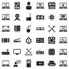 Computer Repair Icons. Black Flat Design. Vector Illustration.