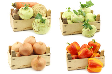 Wall Mural - Freshly harvested cooking vegetables in wooden crate on a white background