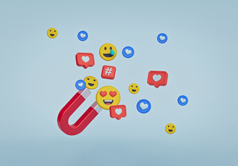 Poster - social media digital marketing concept. magnet attracts likes, followers, emoji. minimal design. 3d rendering