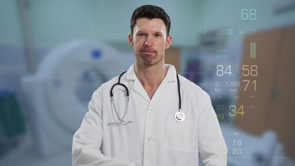 Wall Mural - Digital interface with medical data processing against portrait of caucasian male doctor