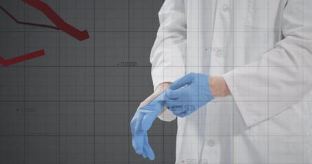 Canvas Print - Financial data processing against mid section of doctor wearing surgical gloves