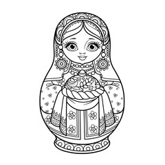 Wall Mural - Russian traditional nest doll Matrioshka with loaf with salt outline for coloring on a white background