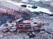 Motor Of A Ship Wreck At The Sea. Rusty Engine Block Of Sunken Boat