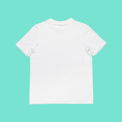 Wall Mural - White flying cotton T-shirt isolated on turquoise background. Clean white t-shirt for women or men. Classic Basic Unisex T-shirt. Branding clothes front view Mock up for your design