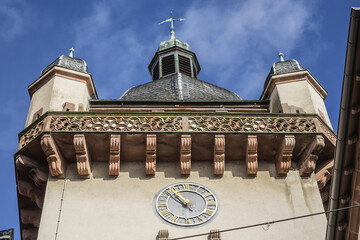 Selestat cityscape with Horloge tower (Tour de l'Horloge, Tour Neuve, Tour des Chevaliers) - Tower was erected in year 1280 and originally formed one of the four city gates. Selestat, Alsace, France.