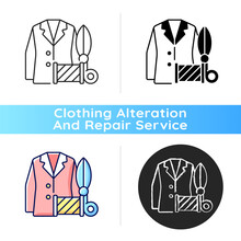 Custom Suits And Shirts Black Linear Icon. Professional Tailor Studio. Garment Restoration. Clothing Alteration And Repair Services. Outline Symbol On White Space. Vector Isolated Illustration