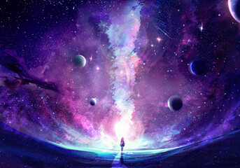 abstract unique young woman standing in the middle of a galaxy crack