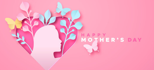  Happy Mother's Day paper cut pink heart banner