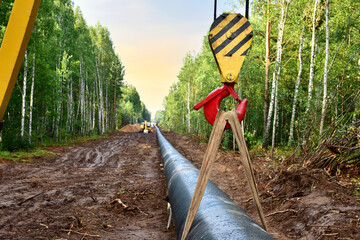 Natural Gas Pipeline Construction. Gas and Crude oil transmission in pipe from gas storage and plant development to facility.  Excavator and pipelayer during building of transit petrochemical pipes