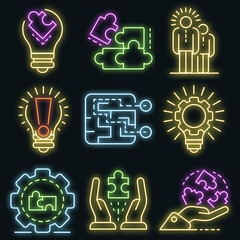 Wall Mural - Solution icon set. Outline set of solution vector icons neon color on black