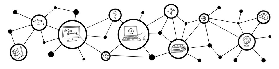 Online educatin icons connected in netwok. E-lerning concept. Vector illustration.