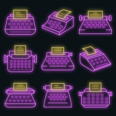 Poster - Typewriter icon set. Outline set of typewriter vector icons neon color on black