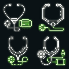 Poster - Stethoscope icon set. Outline set of stethoscope vector icons neon color on black