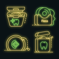 Wall Mural - Floss dental icon set. Outline set of floss dental vector icons neon color on black