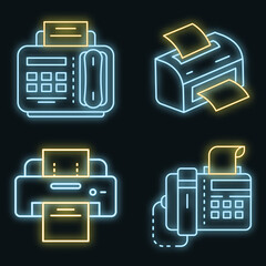 Poster - Fax icon set. Outline set of fax vector icons neon color on black
