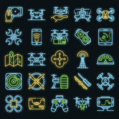 Poster - Drone icon set. Outline set of drone vector icons neon color on black