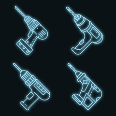 Poster - drilling machine icons set. outline set of drilling machine vector icons neon color on black