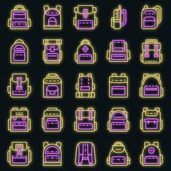 Sticker - Backpack icon set. Outline set of backpack vector icons neon color on black