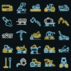 Poster - Farming equipment icon set. Outline set of farming equipment vector icons neon color on black
