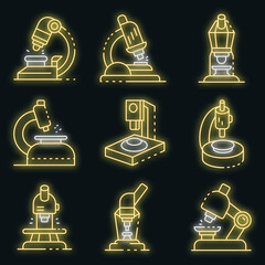 Poster - Microscope icons set. Outline set of microscope vector icons neon color on black