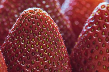 Ripe red strawberries fruit closeup macro selective focus seeds, agriculture organic growing fresh food ingredients concept.