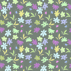 Wall Mural - Vector seamless floral pattern on a light ash background in pastel colors. Doodle flowers with contour white stroke, summer female pattern for the design of textiles, wallpaper, paper napkins.