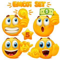 Wall Mural - Set of yellow emoji icons Emoticon cartoon character with different facial expressions in 3d style isolated in white background. Dollar, Eoro and bitcoin coins. Part 5