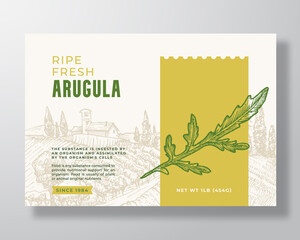 Wall Mural - Fresh Arugula Food Label Template. Abstract Vector Packaging Design Layout. Modern Typography Banner with Hand Drawn Herb Branch and Rural Landscape Background. Isolated