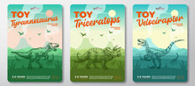 Dinosaur Toys Labels Template Set. Abstract Vector Packaging Design Layouts Collection. Modern Typography With Prehistoric Volcano Landscape And Hand Drawn Dinosaurus Sketch Background. Isolated
