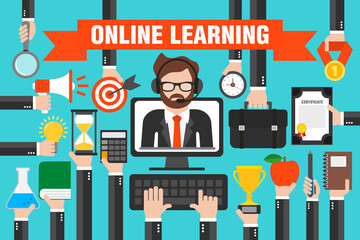 Flat design concepts online learning with online teacher in computer. Vector illustration