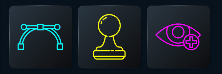Poster - Set line Bezier curve, Red eye effect and Stamp. Black square button. Vector
