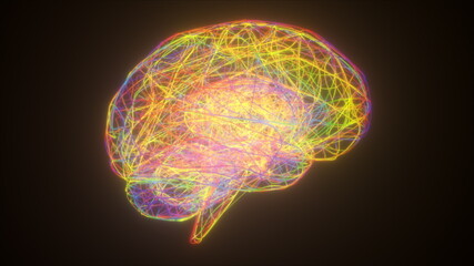 Poster - Colorful neon brain, computer generated. 3d rendering abstract backdrop from thin net