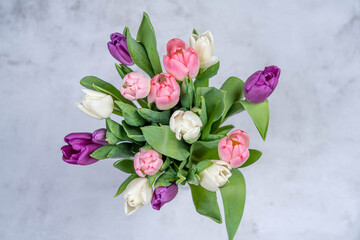 A bouquet of tulips from above on a gray background. Happy holiday concept ER