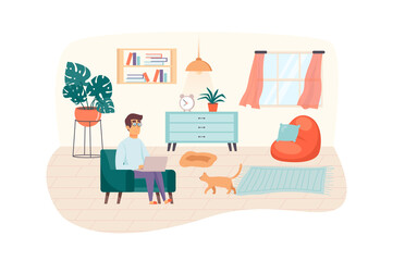 Aufkleber - Freelancer works at home scene. Man sits in chair with laptop and cat in living room. Freelance, remote work, comfortable workplace concept. Vector illustration of people characters in flat design